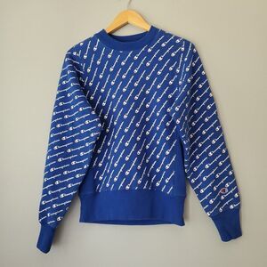 Champion Blue Long Sleeve Crewneck Reverse Weave Logo Script Sweatshirt Mens XS
